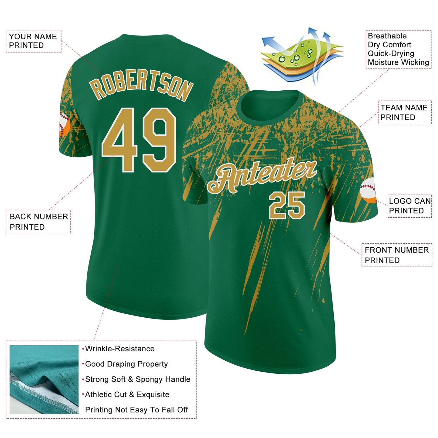 Custom Kelly Green Old Gold-White Distressed Scratch Brush Stroke Performance T-Shirt