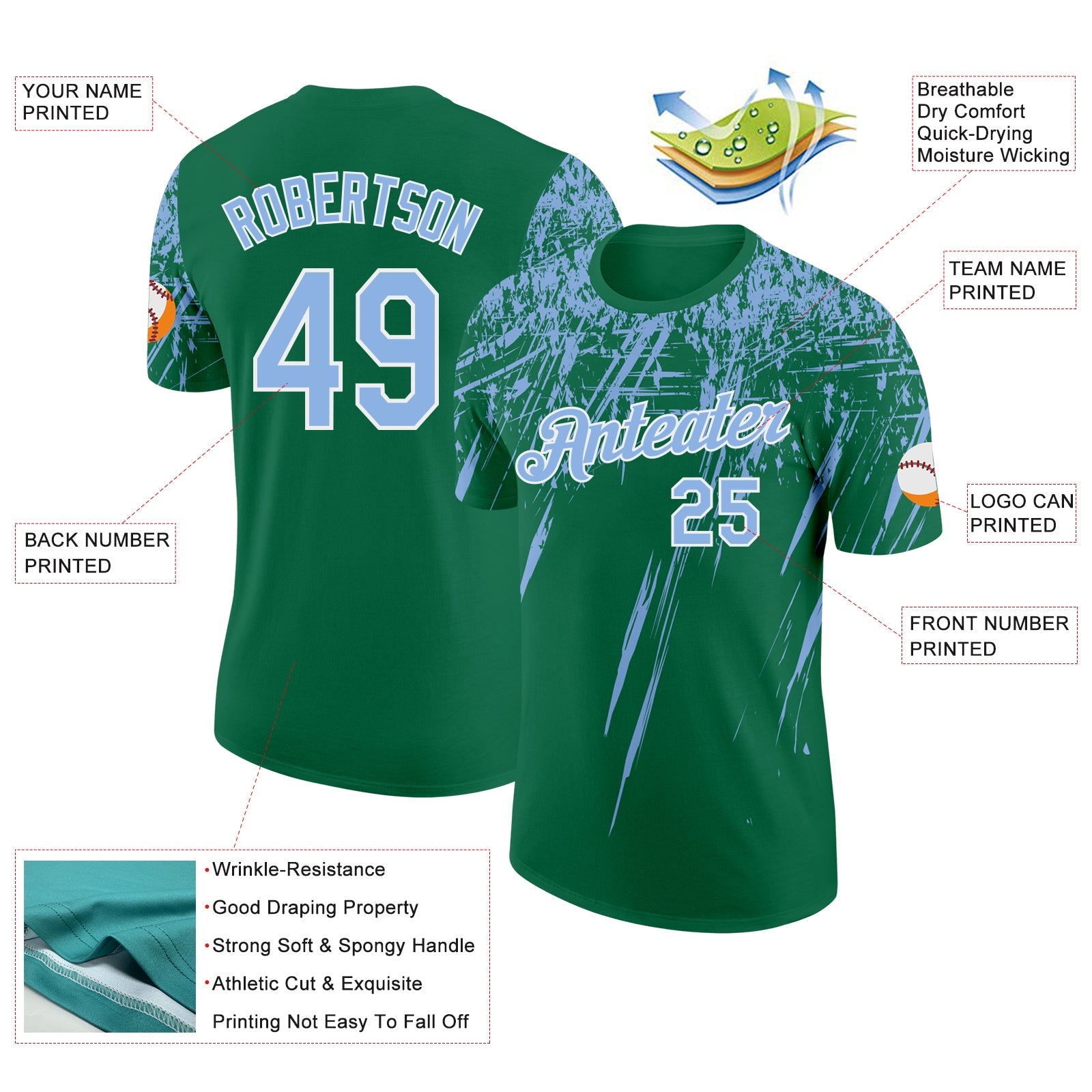 Custom Kelly Green Light Blue-White Distressed Scratch Brush Stroke Performance T-Shirt