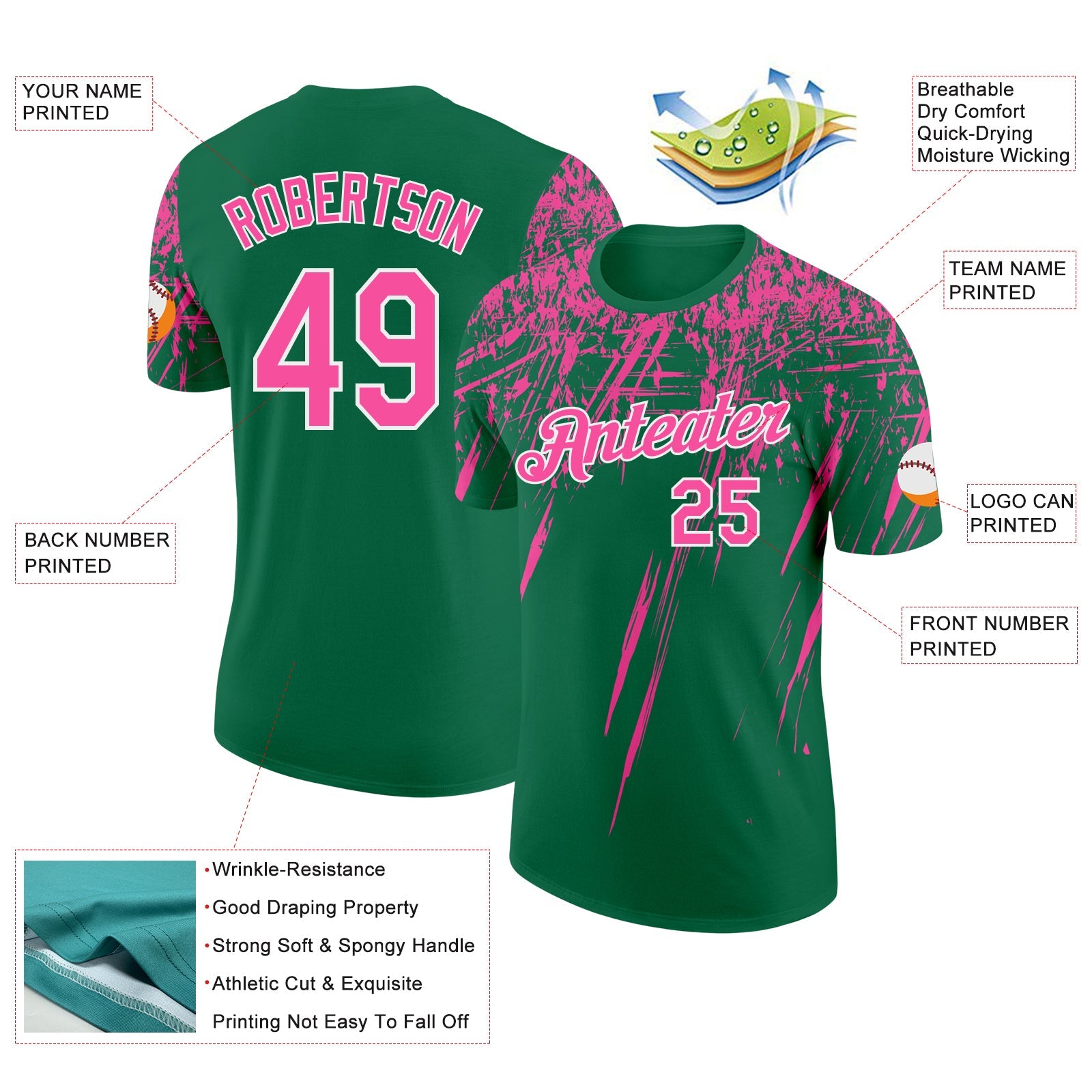 Custom Kelly Green Pink-White Distressed Scratch Brush Stroke Performance T-Shirt