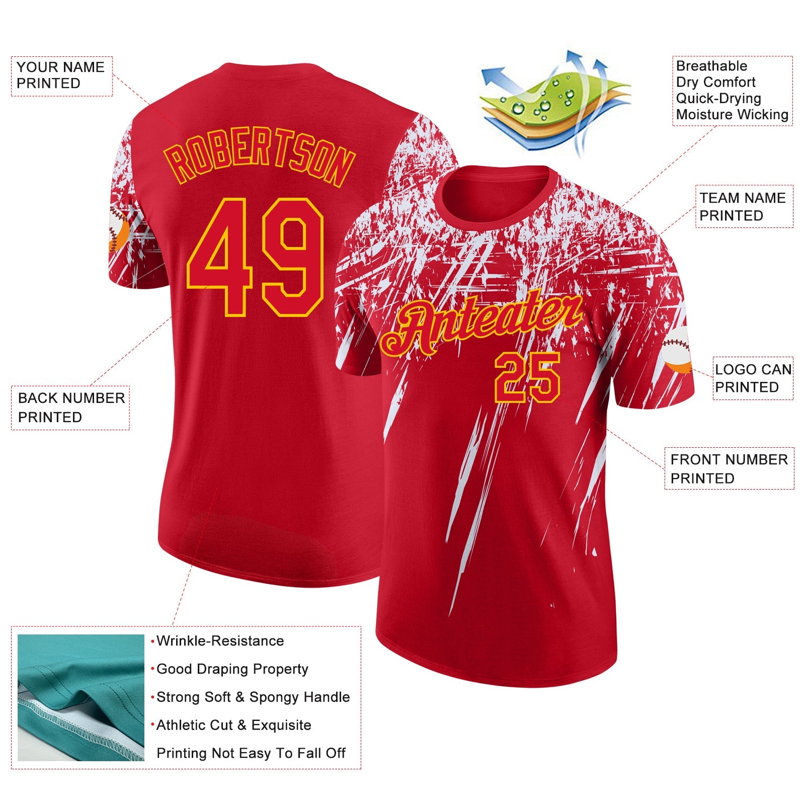 Custom Red White-Yellow Distressed Scratch Brush Stroke Performance T-Shirt