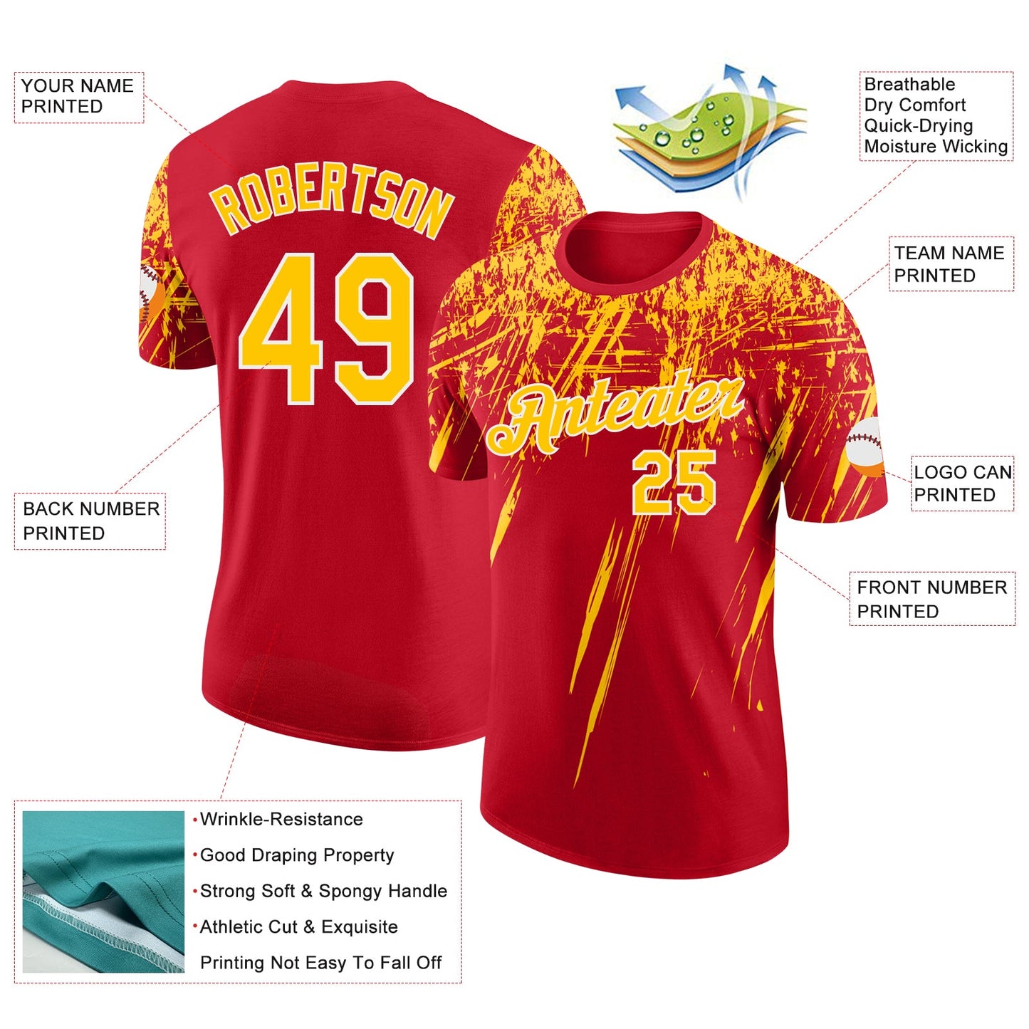 Custom Red Yellow-White Distressed Scratch Brush Stroke Performance T-Shirt