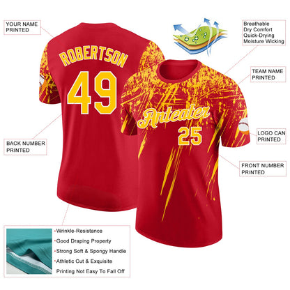 Custom Red Yellow-White Distressed Scratch Brush Stroke Performance T-Shirt