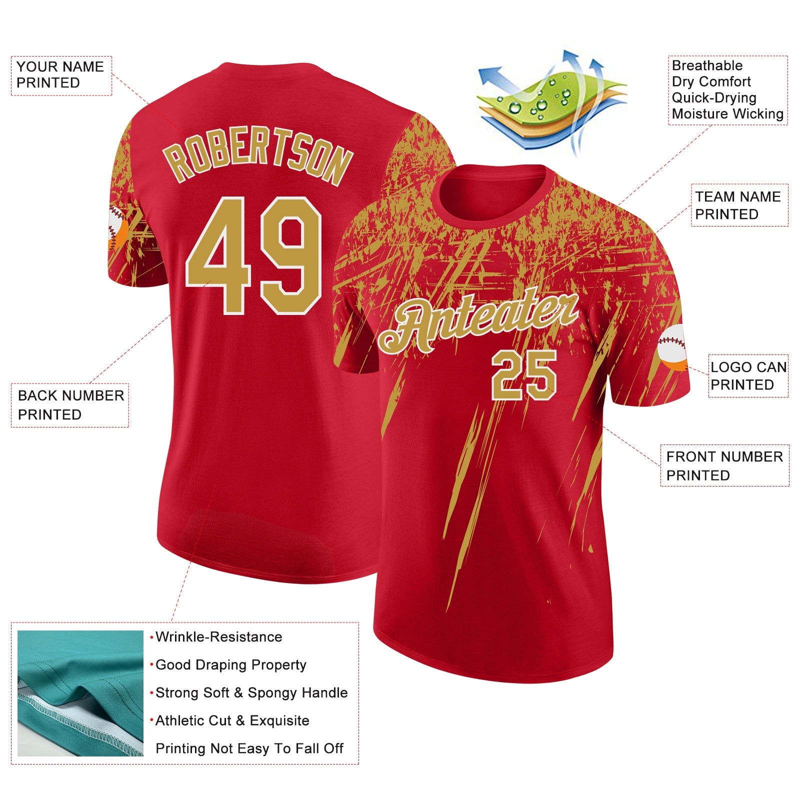 Custom Red Old Gold-White Distressed Scratch Brush Stroke Performance T-Shirt