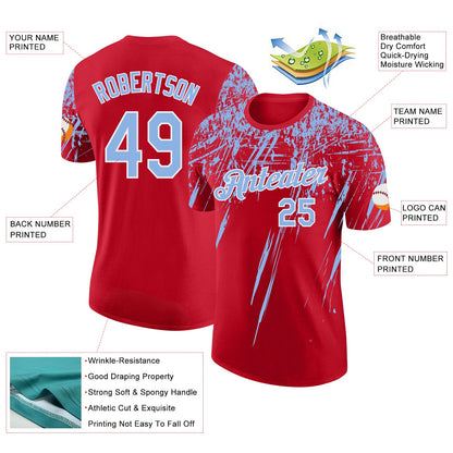 Custom Red Light Blue-White Distressed Scratch Brush Stroke Performance T-Shirt