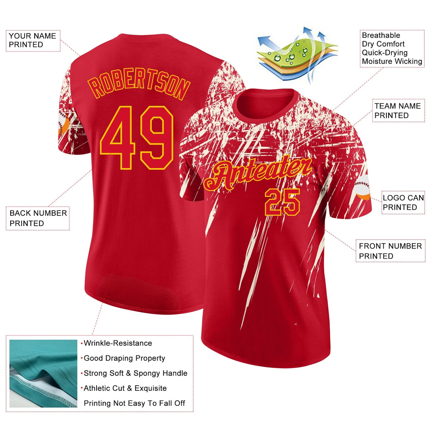Custom Red Cream-Yellow Distressed Scratch Brush Stroke Performance T-Shirt
