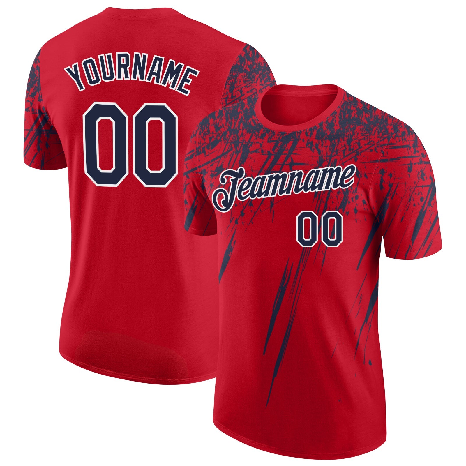 Custom Red Navy-White Distressed Scratch Brush Stroke Performance T-Shirt