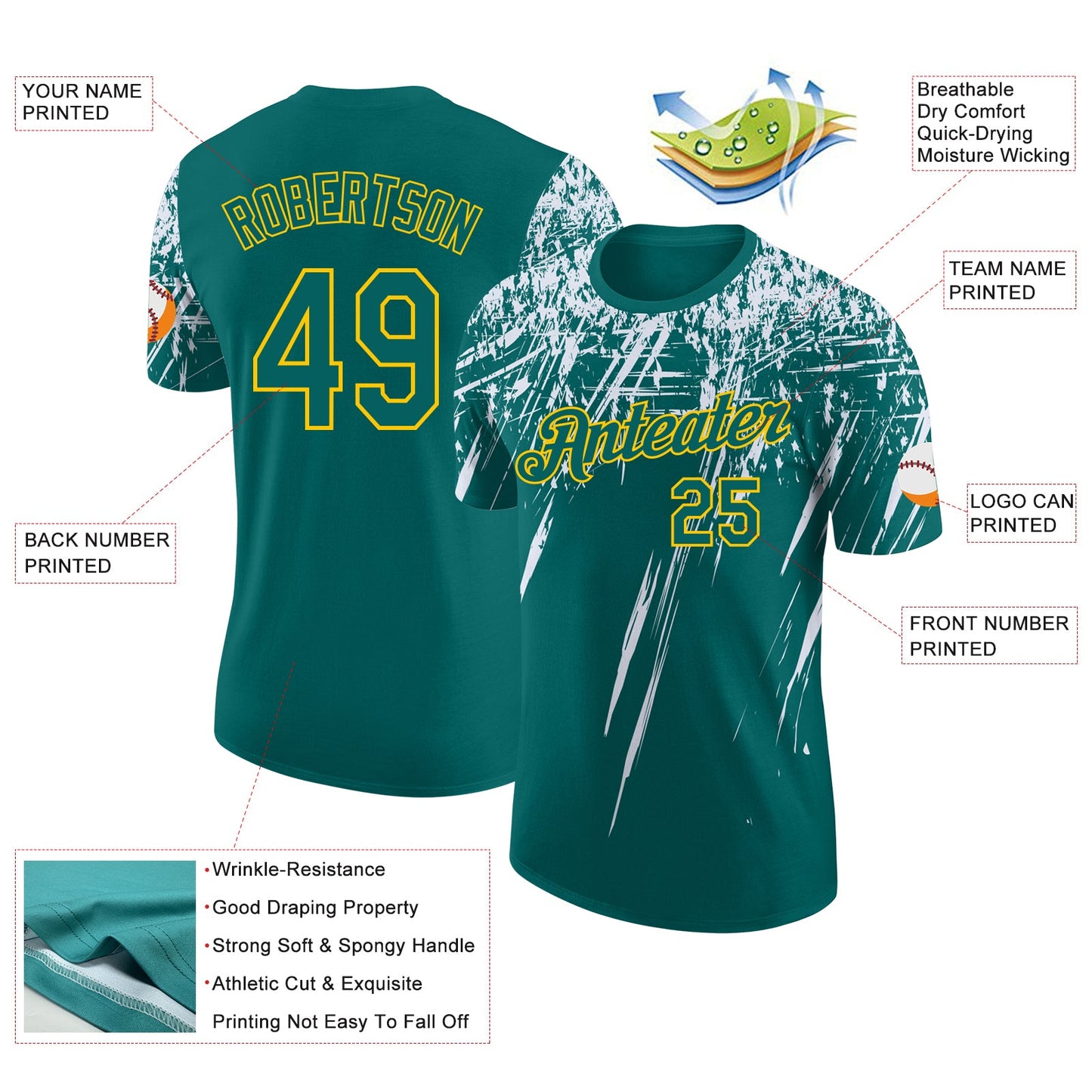 Custom Teal White-Yellow Distressed Scratch Brush Stroke Performance T-Shirt