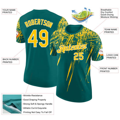 Custom Teal Yellow-White Distressed Scratch Brush Stroke Performance T-Shirt