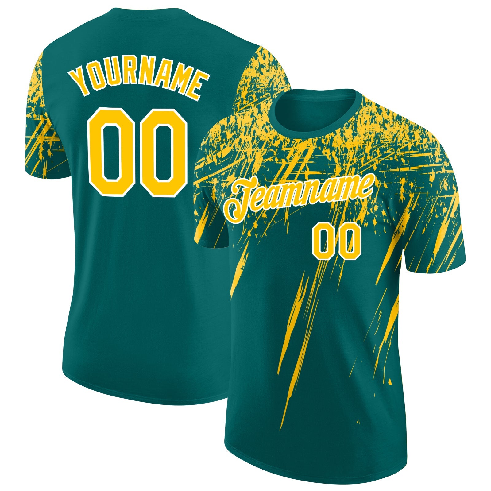 Custom Teal Yellow-White Distressed Scratch Brush Stroke Performance T-Shirt