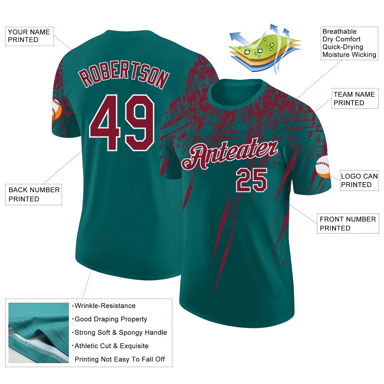 Custom Teal Crimson-White Distressed Scratch Brush Stroke Performance T-Shirt