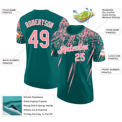 Custom Teal Medium Pink-White Distressed Scratch Brush Stroke Performance T-Shirt