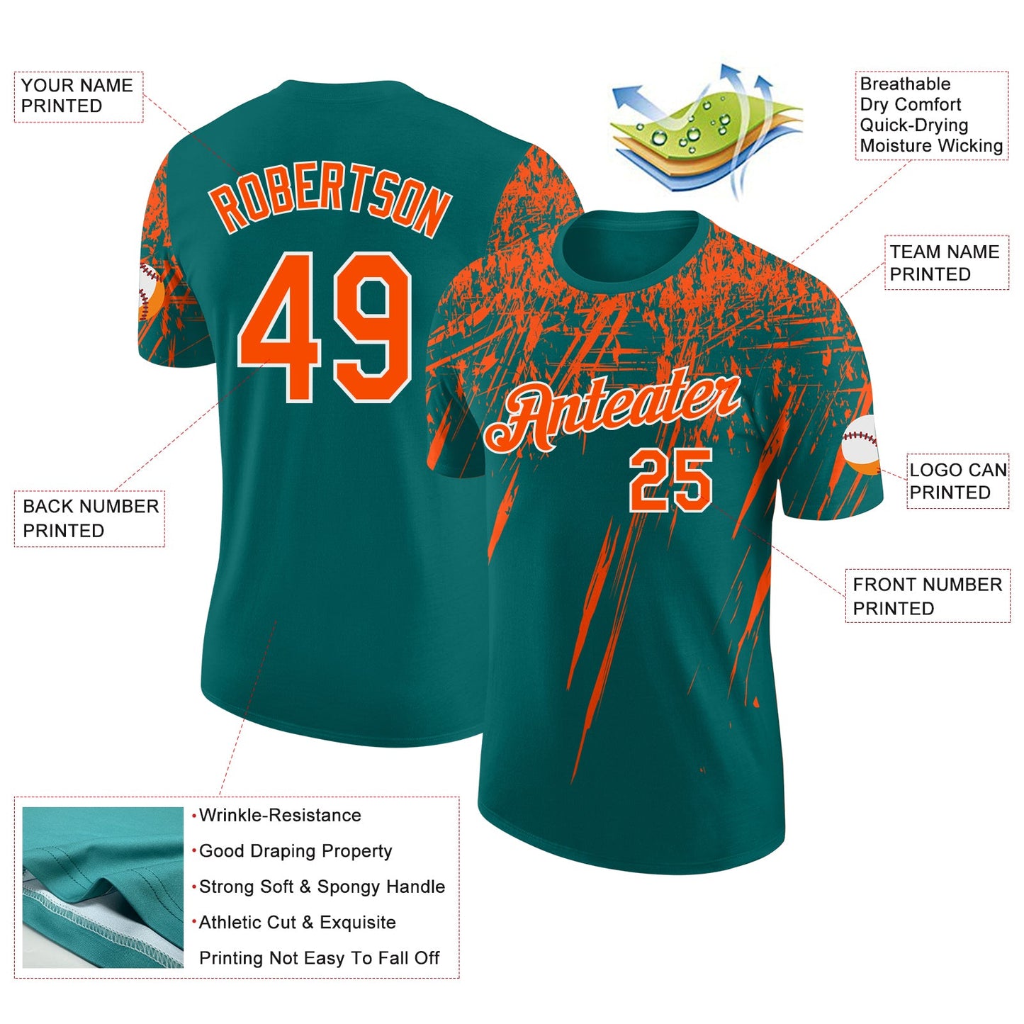 Custom Teal Orange-White Distressed Scratch Brush Stroke Performance T-Shirt