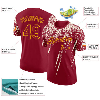 Custom Crimson Cream-Yellow Distressed Scratch Brush Stroke Performance T-Shirt