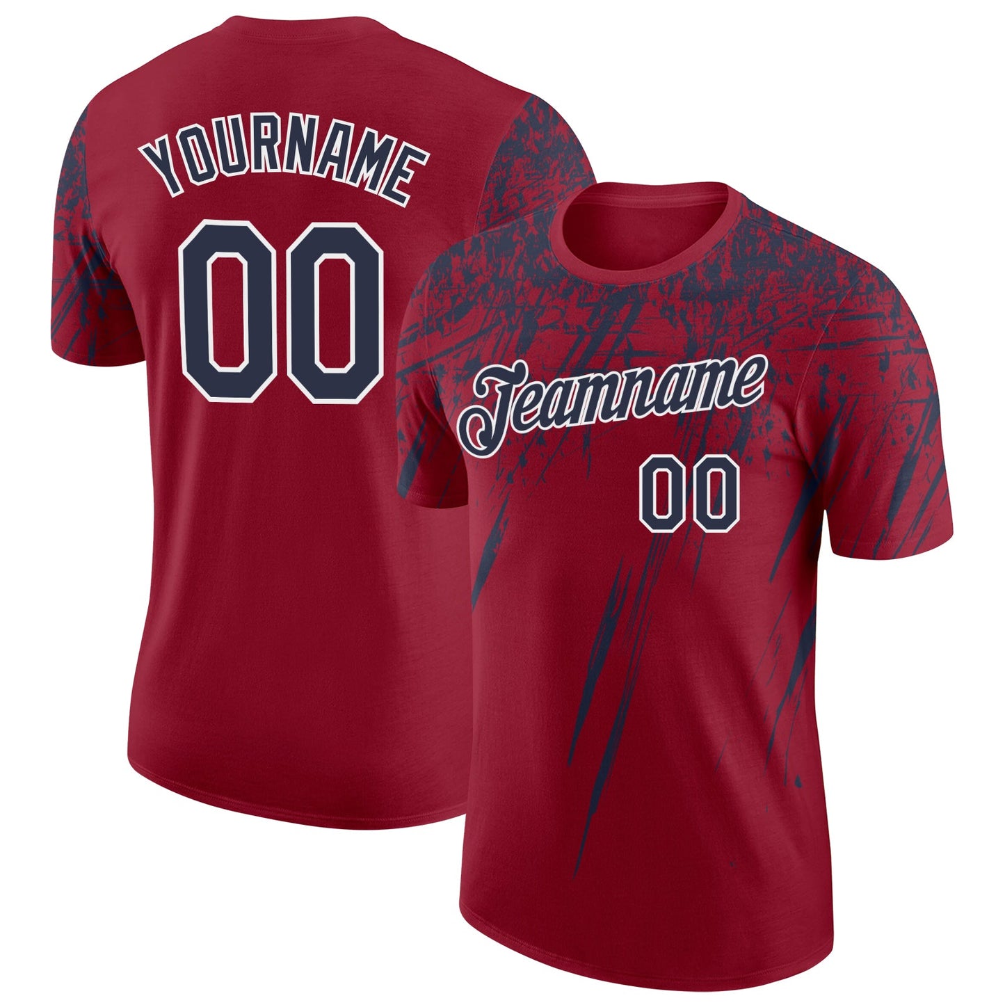 Custom Crimson Navy-White Distressed Scratch Brush Stroke Performance T-Shirt