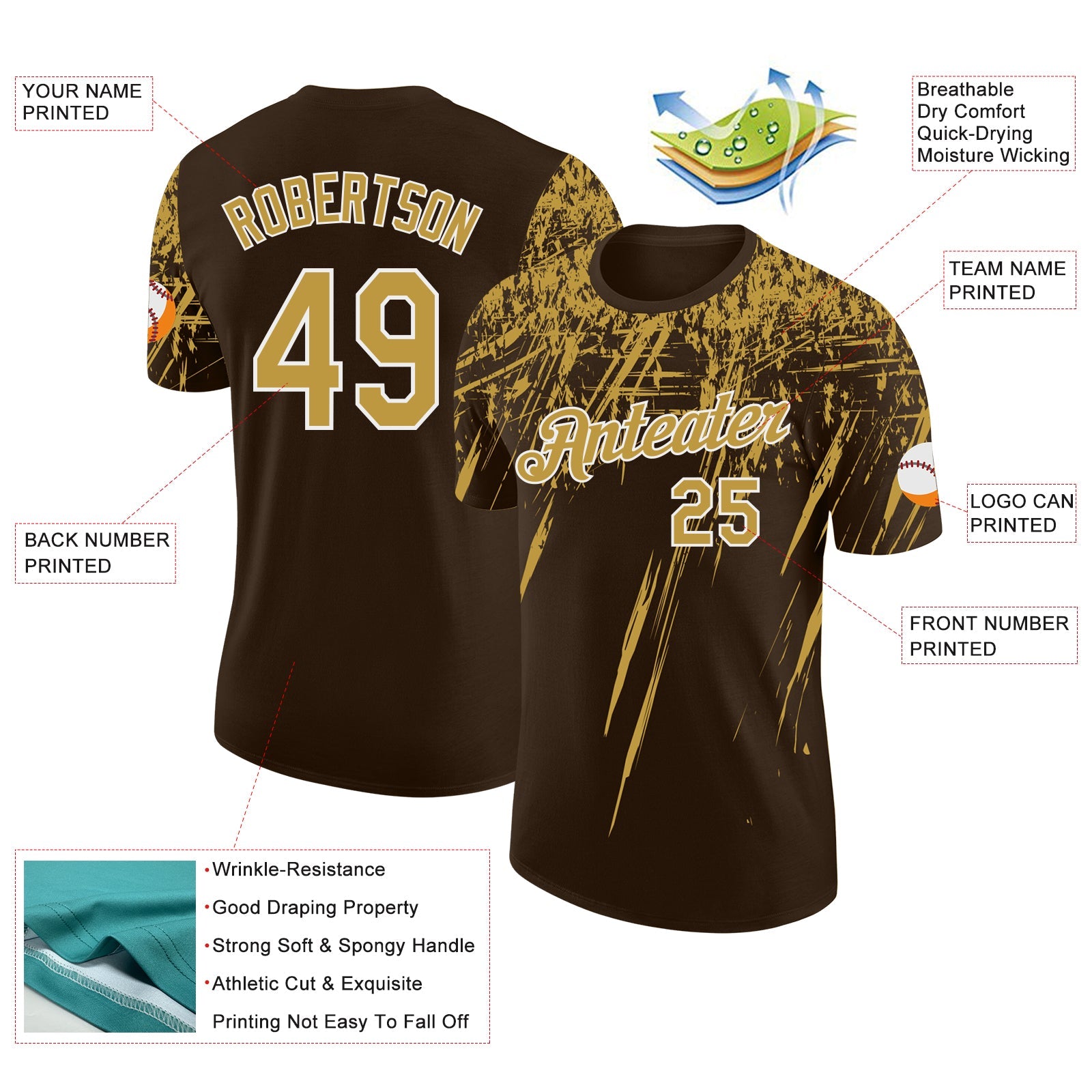 Custom Brown Old Gold-White Distressed Scratch Brush Stroke Performance T-Shirt