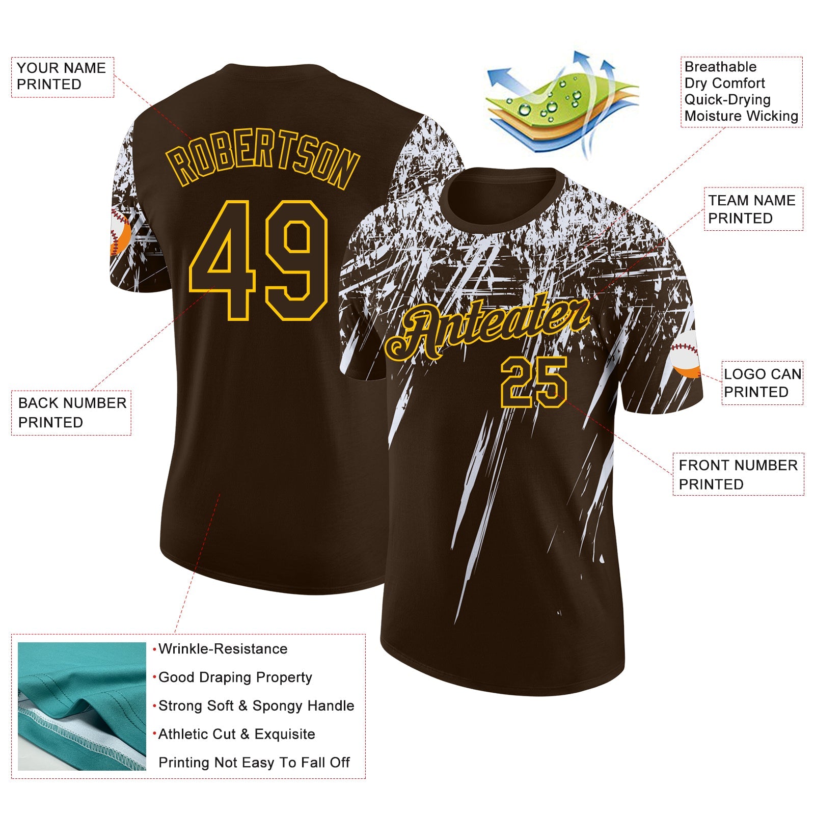 Custom Brown White-Yellow Distressed Scratch Brush Stroke Performance T-Shirt
