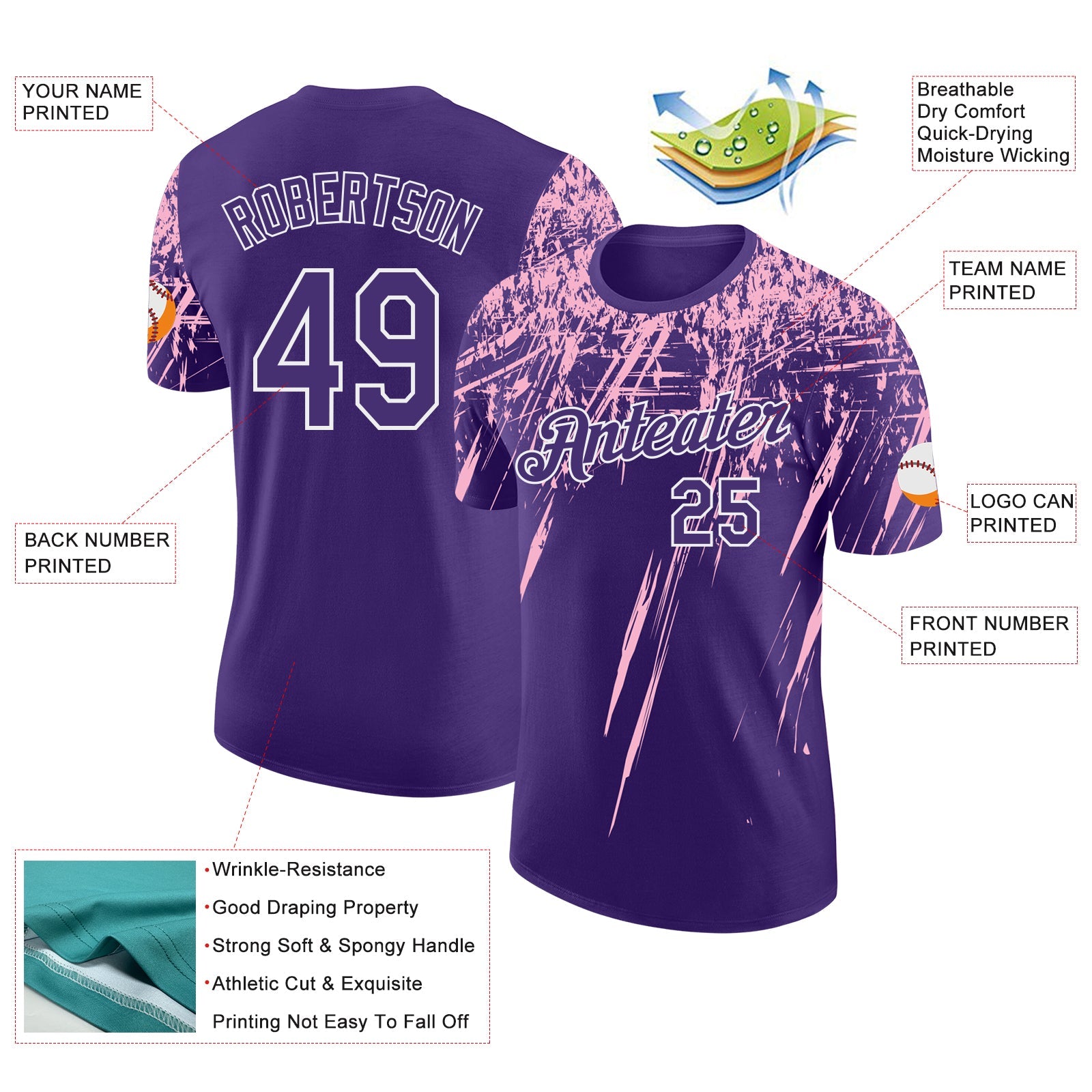 Custom Purple Light Pink-White Distressed Scratch Brush Stroke Performance T-Shirt