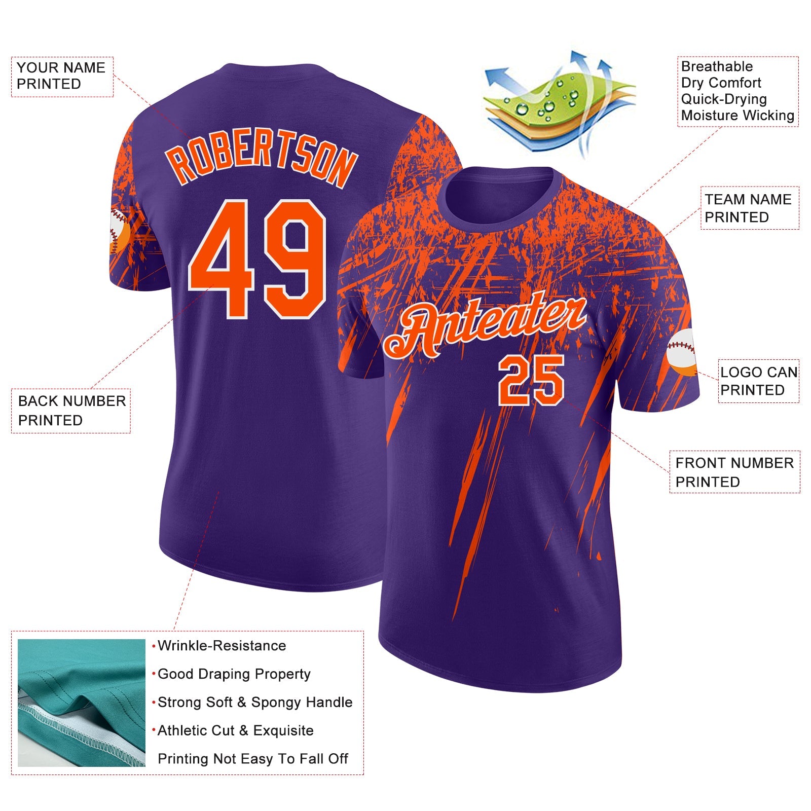 Custom Purple Orange-White Distressed Scratch Brush Stroke Performance T-Shirt
