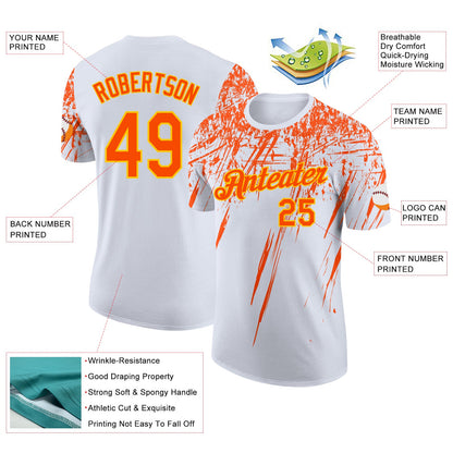 Custom White Orange-Yellow Distressed Scratch Brush Stroke Performance T-Shirt