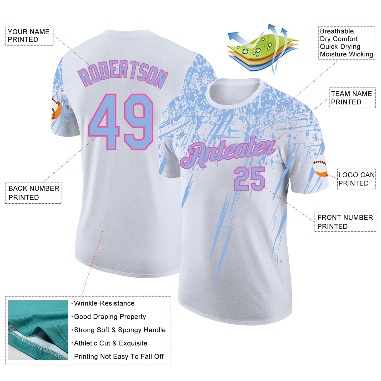 Custom White Light Blue-Pink Distressed Scratch Brush Stroke Performance T-Shirt