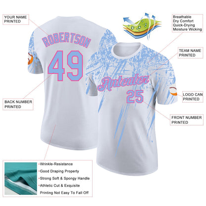 Custom White Light Blue-Pink Distressed Scratch Brush Stroke Performance T-Shirt