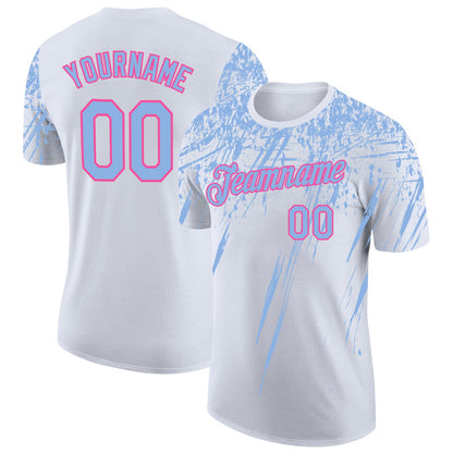 Custom White Light Blue-Pink Distressed Scratch Brush Stroke Performance T-Shirt