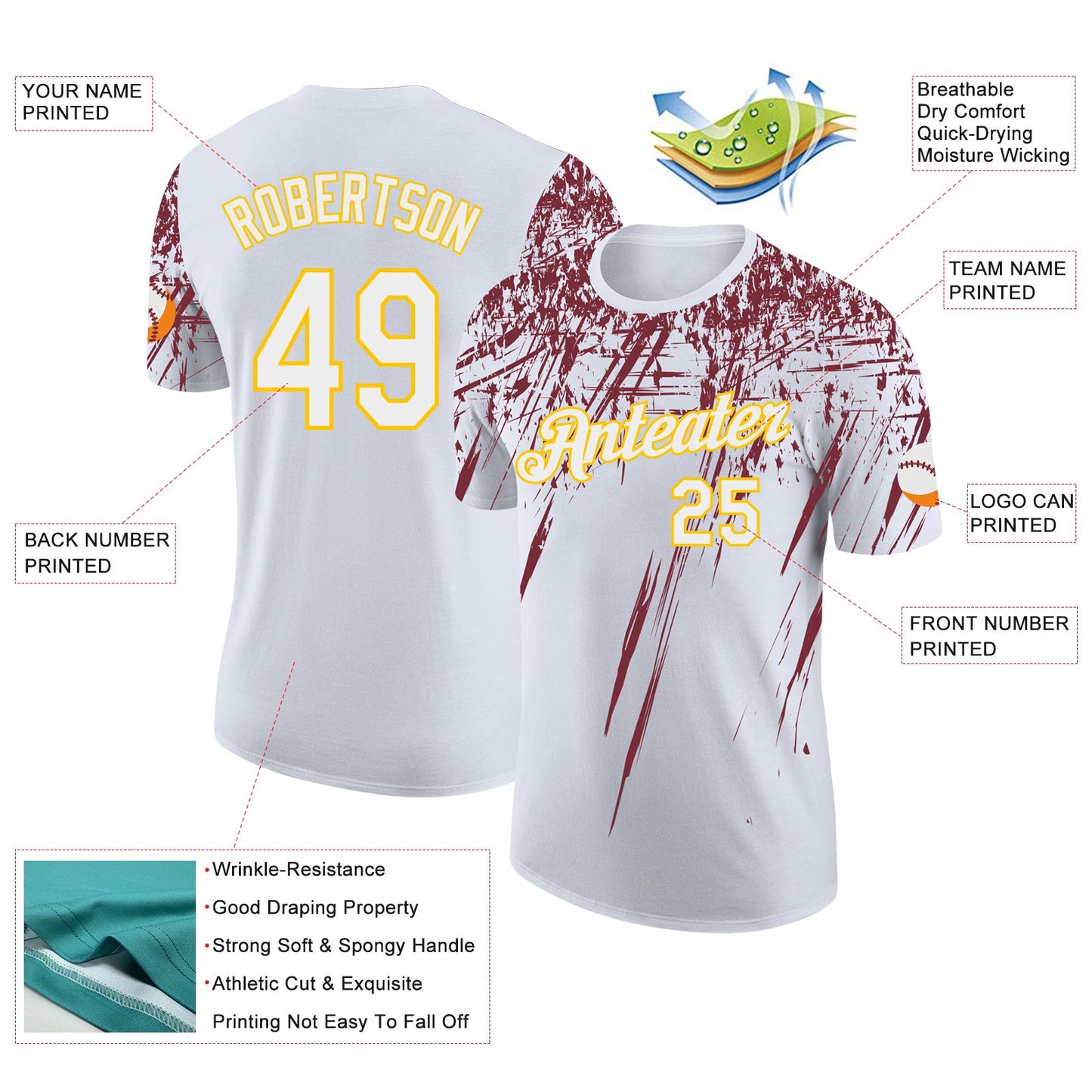 Custom White Burgundy-Yellow Distressed Scratch Brush Stroke Performance T-Shirt