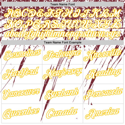 Custom White Burgundy-Yellow Distressed Scratch Brush Stroke Performance T-Shirt
