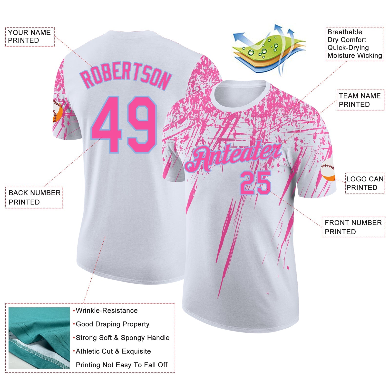 Custom White Pink-Light Blue Distressed Scratch Brush Stroke Performance T-Shirt