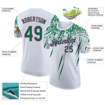 Custom White Kelly Green-Pink Distressed Scratch Brush Stroke Performance T-Shirt