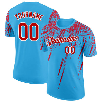 Custom Sky Blue Red-White Distressed Scratch Brush Stroke Performance T-Shirt