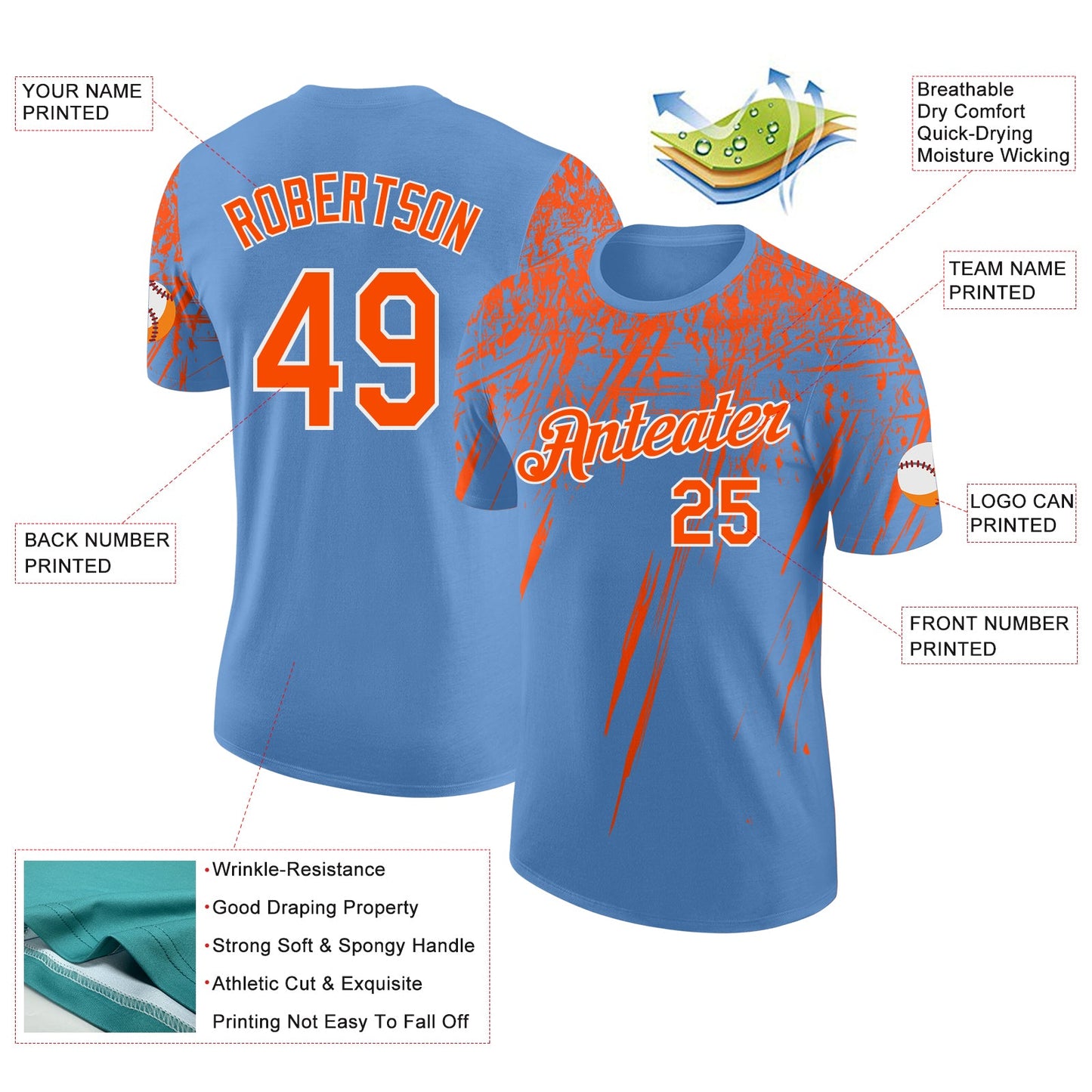 Custom Light Blue Orange-White Distressed Scratch Brush Stroke Performance T-Shirt