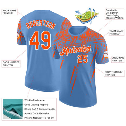 Custom Light Blue Orange-White Distressed Scratch Brush Stroke Performance T-Shirt