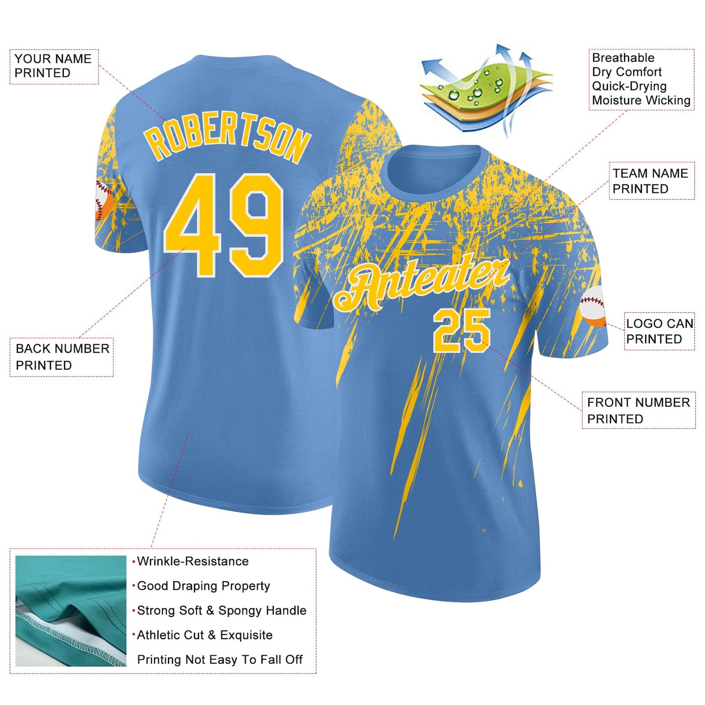 Custom Light Blue Yellow-White Distressed Scratch Brush Stroke Performance T-Shirt