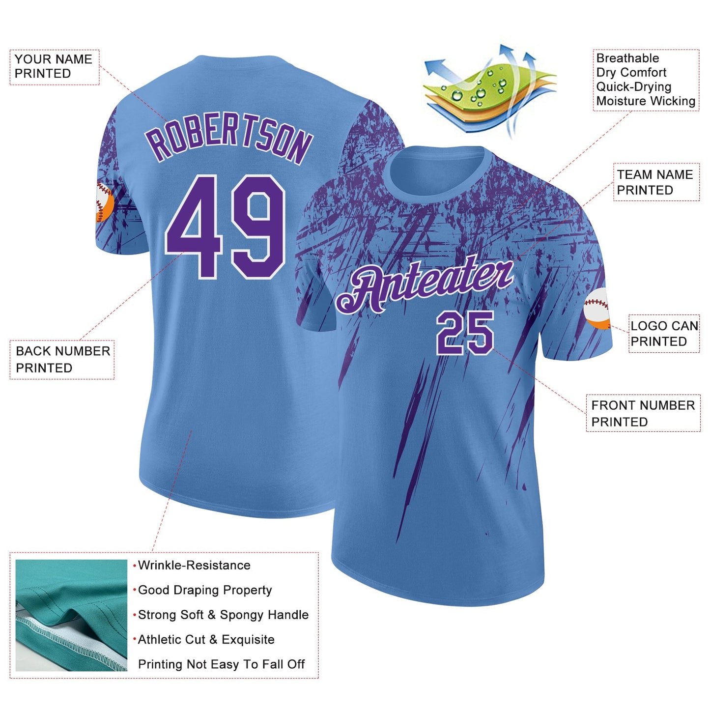 Custom Light Blue Purple-White Distressed Scratch Brush Stroke Performance T-Shirt