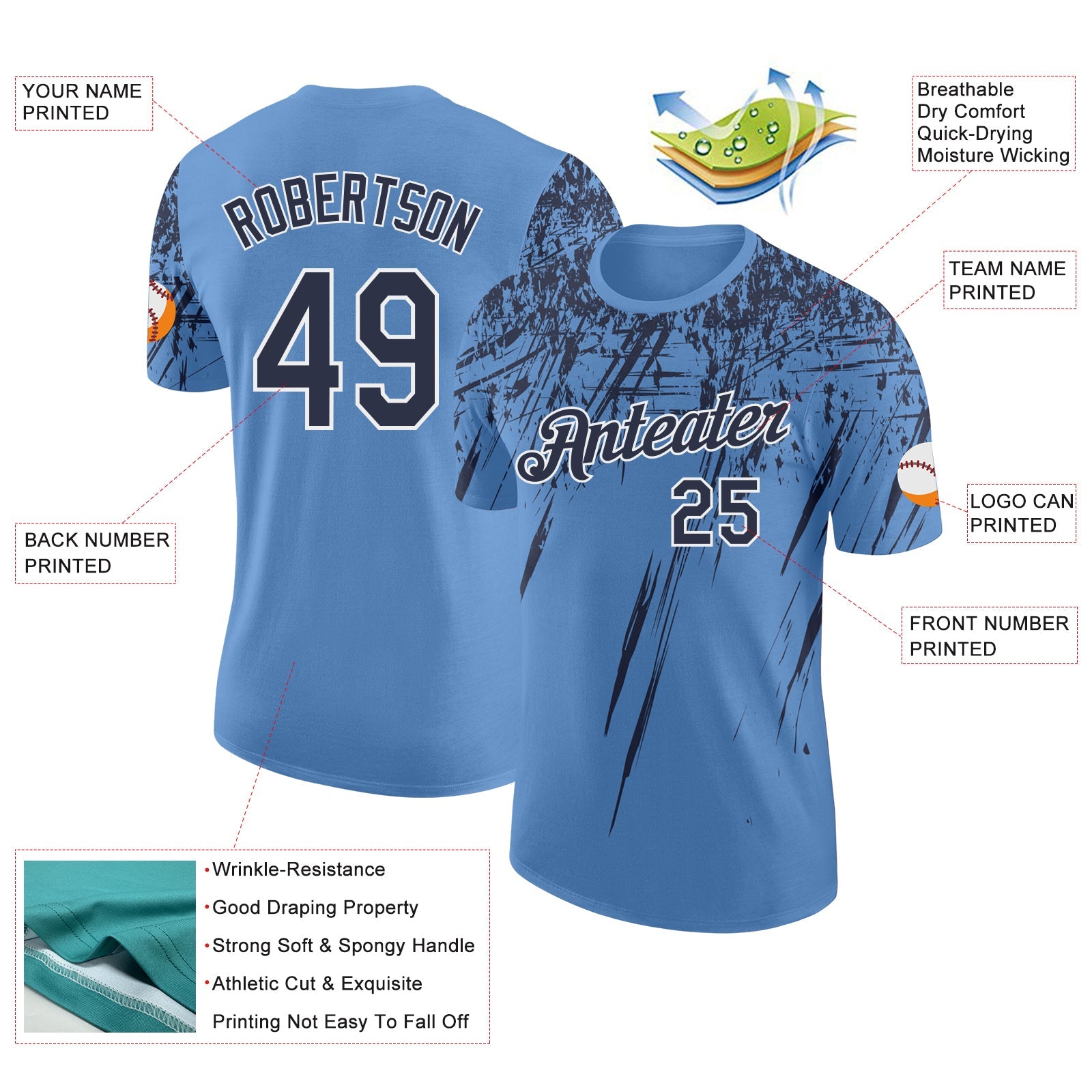 Custom Light Blue Navy-White Distressed Scratch Brush Stroke Performance T-Shirt