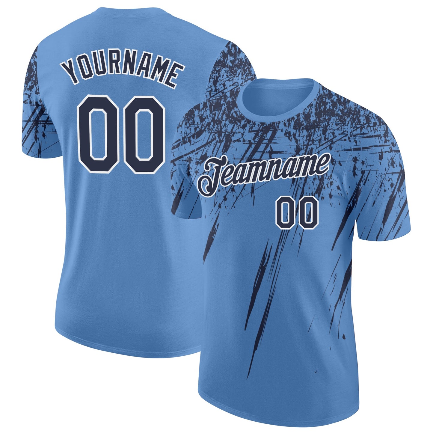 Custom Light Blue Navy-White Distressed Scratch Brush Stroke Performance T-Shirt