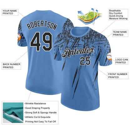 Custom Light Blue Black-White Distressed Scratch Brush Stroke Performance T-Shirt