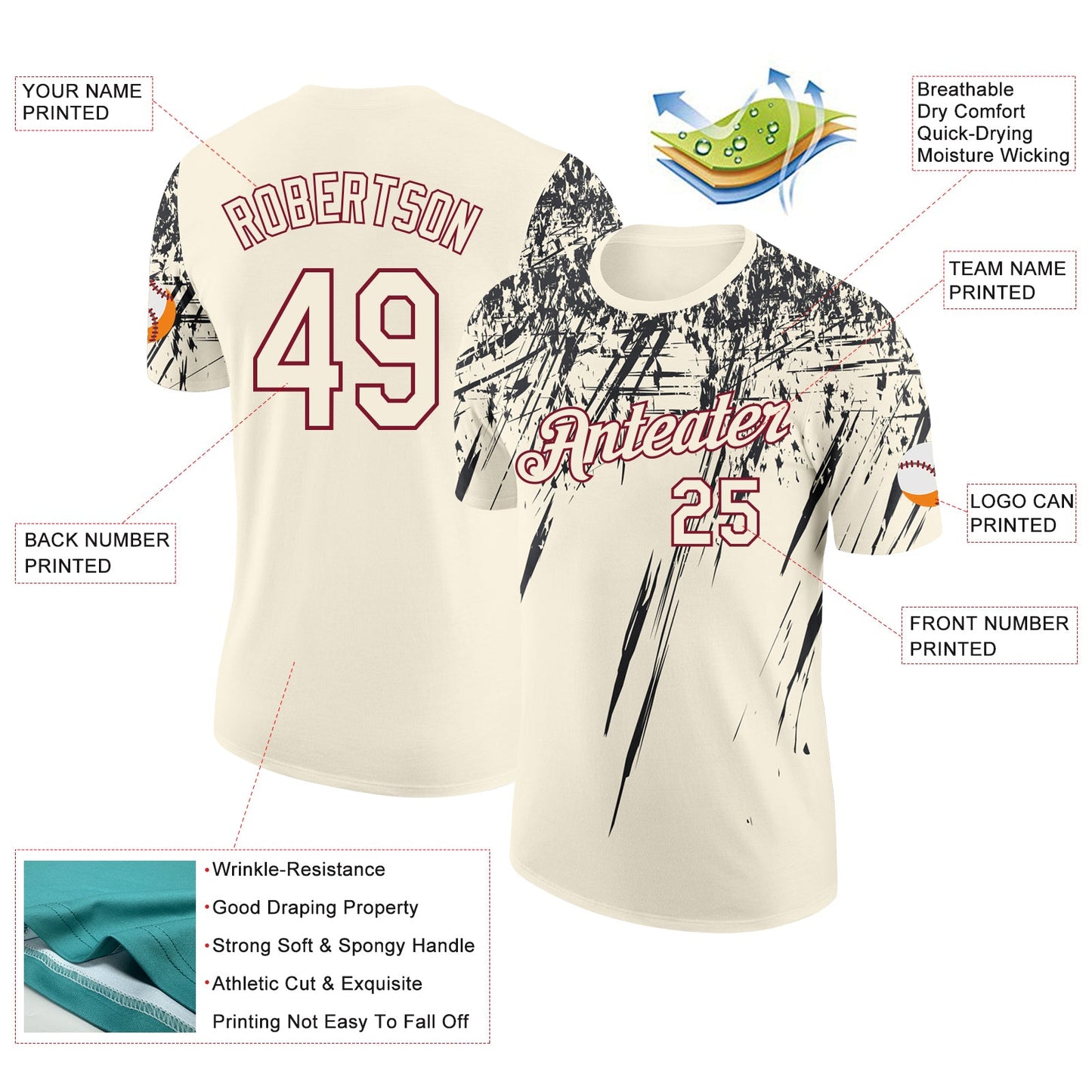 Custom Cream Black-Crimson Distressed Scratch Brush Stroke Performance T-Shirt