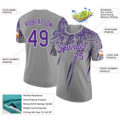 Custom Gray Purple-White Distressed Scratch Brush Stroke Performance T-Shirt
