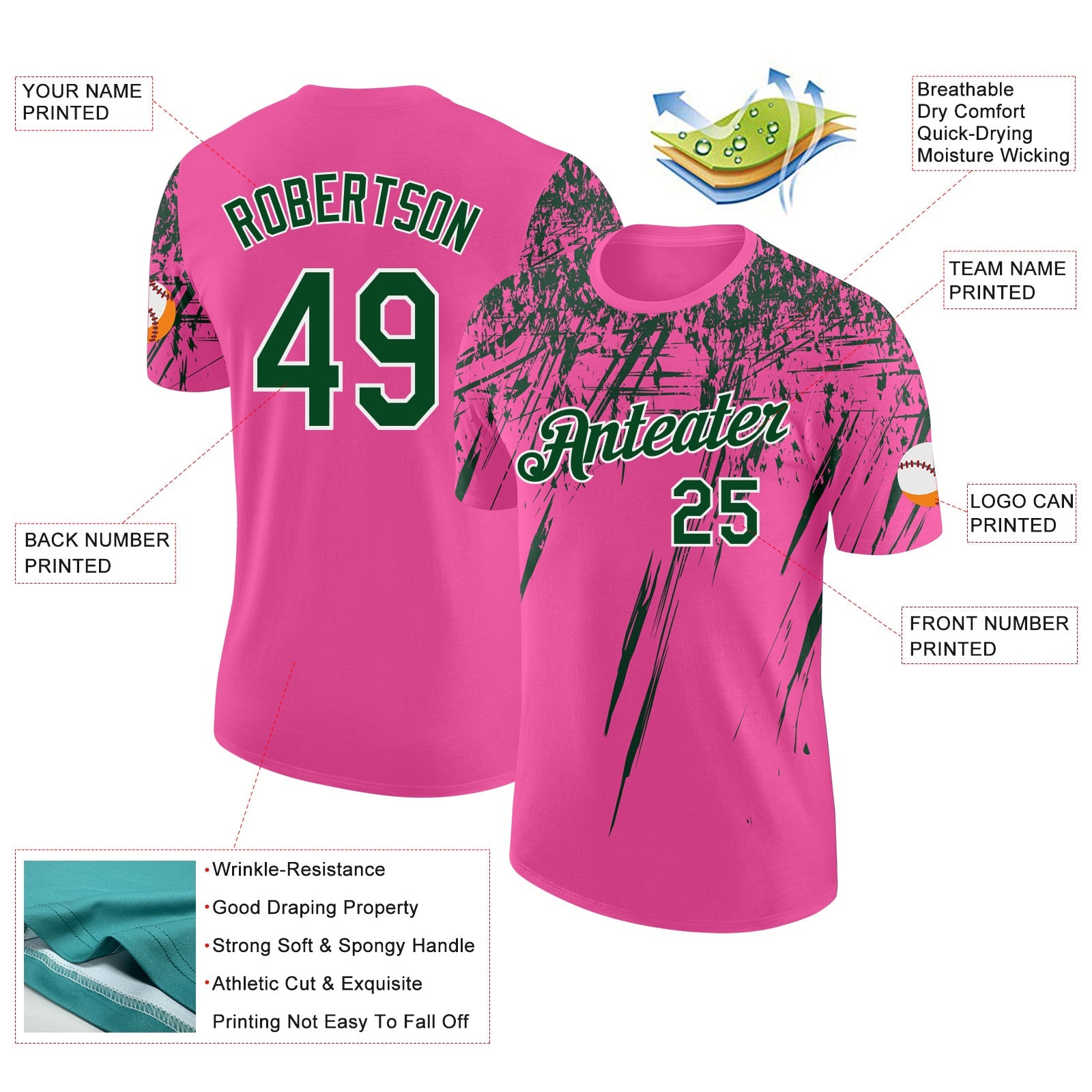 Custom Pink Green-White Distressed Scratch Brush Stroke Performance T-Shirt