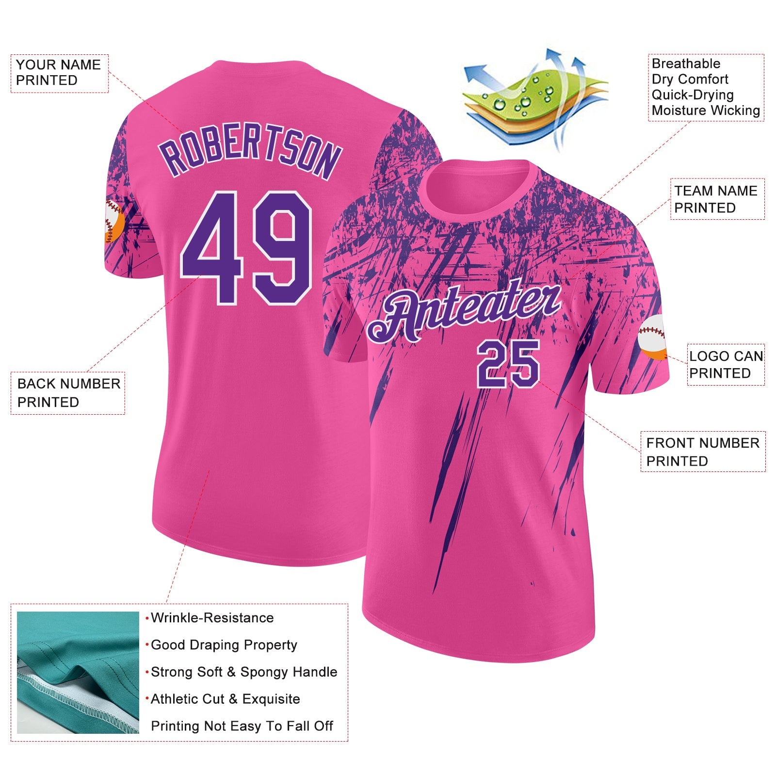 Custom Pink Purple-White Distressed Scratch Brush Stroke Performance T-Shirt