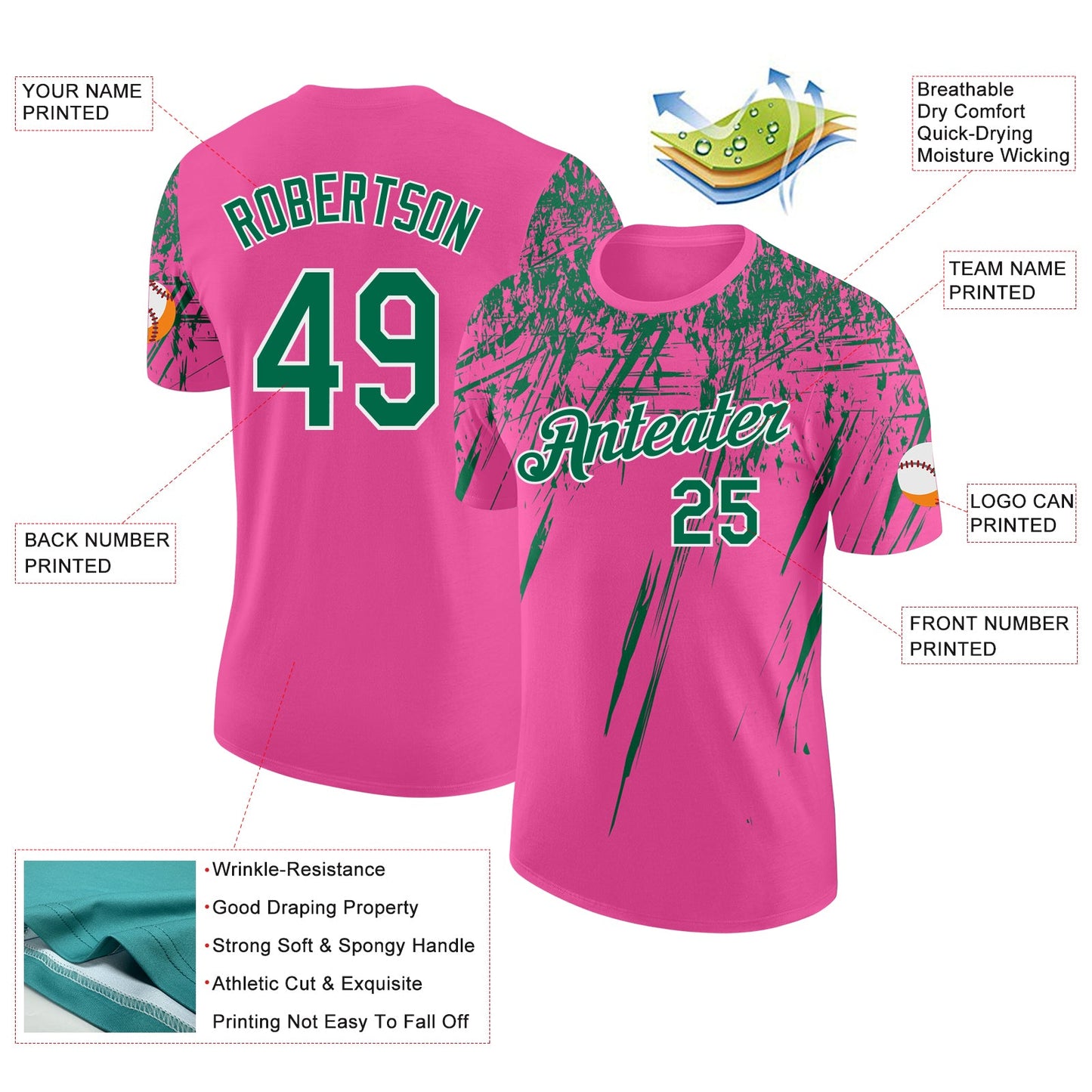 Custom Pink Kelly Green-White Distressed Scratch Brush Stroke Performance T-Shirt