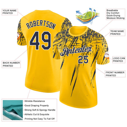 Custom Yellow Navy-White Distressed Scratch Brush Stroke Performance T-Shirt
