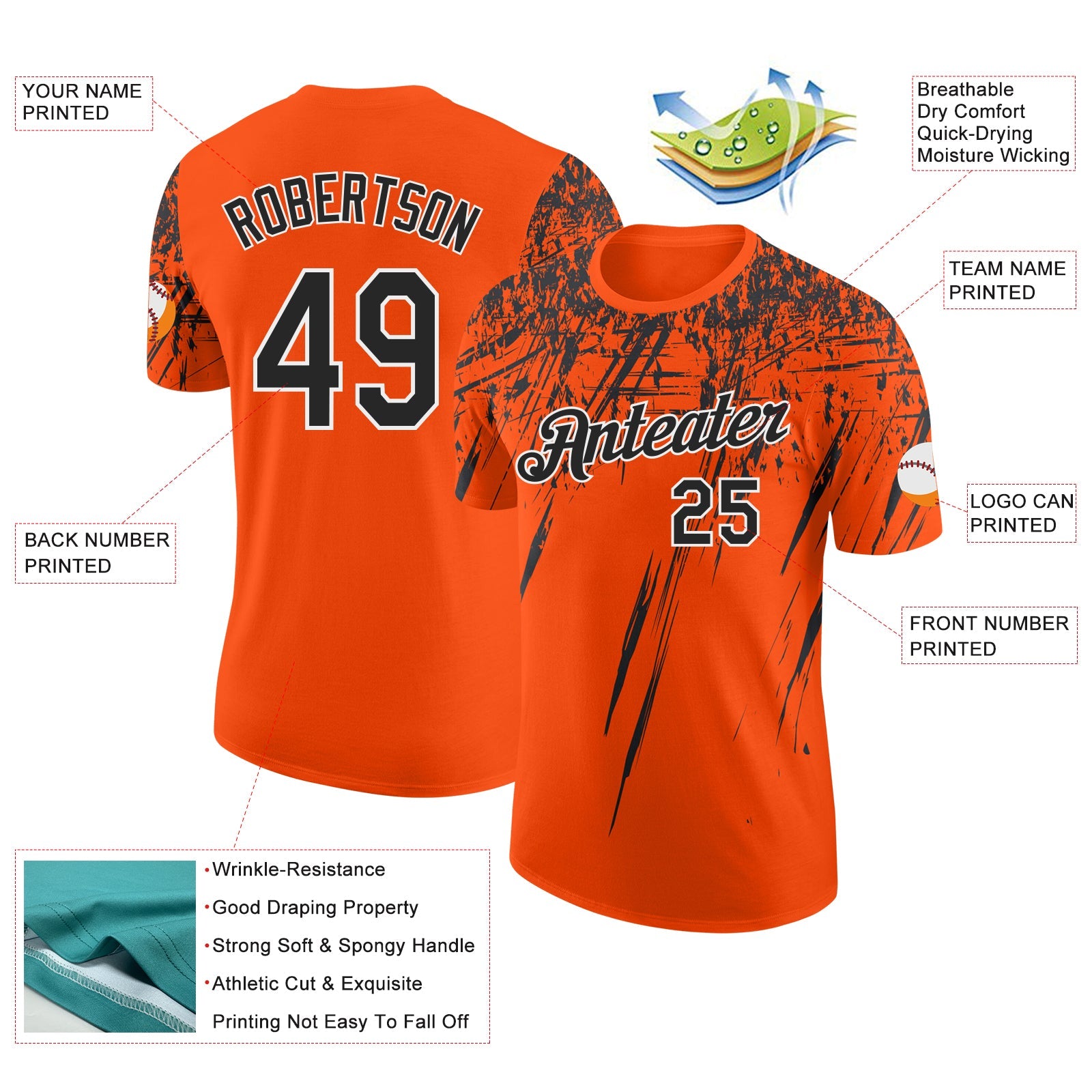 Custom Orange Black-White Distressed Scratch Brush Stroke Performance T-Shirt