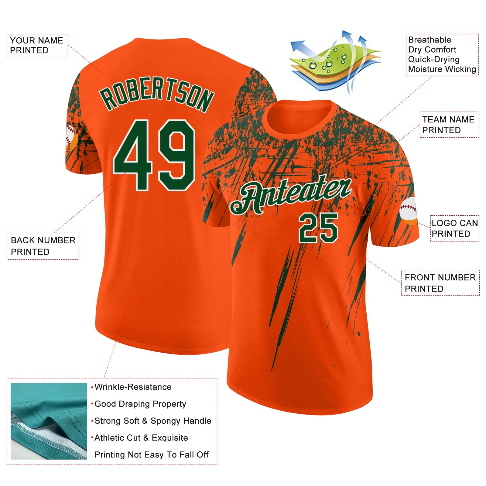 Custom Orange Green-White Distressed Scratch Brush Stroke Performance T-Shirt