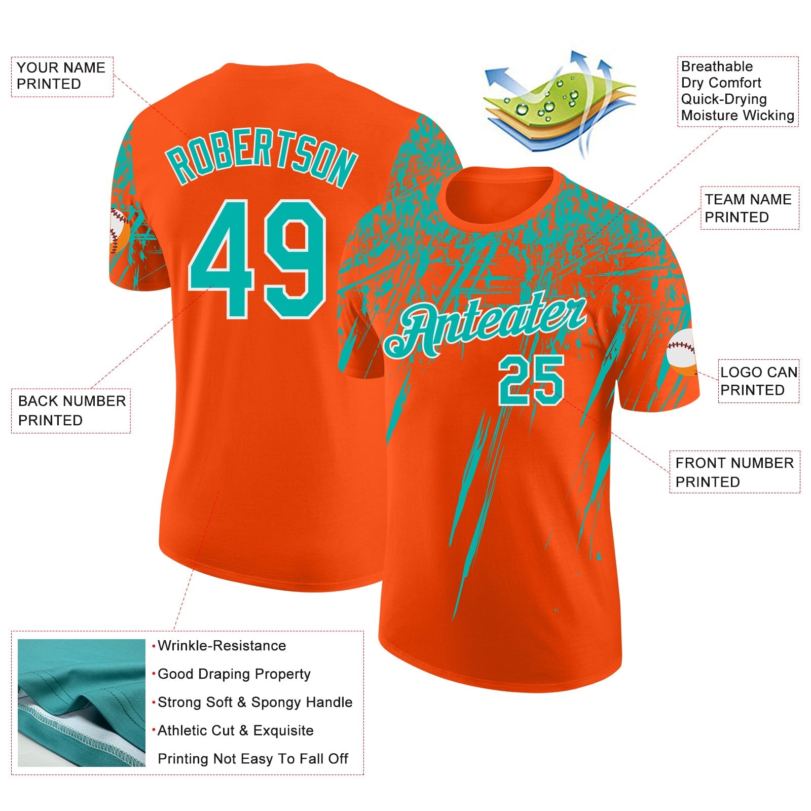 Custom Orange Aqua-White Distressed Scratch Brush Stroke Performance T-Shirt