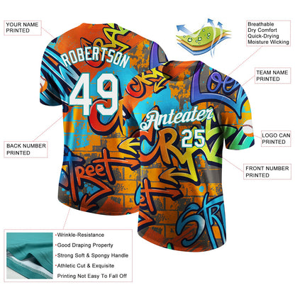 Custom Graffiti Pattern White-Teal Vibrant MulticolorStreet Style Performance T-Shirt