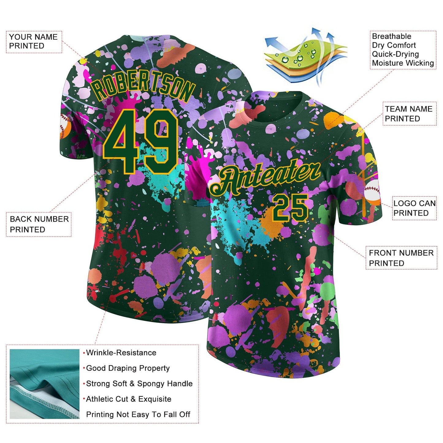 Custom Graffiti Pattern Green-Gold Vibrant Multicolor Paint Splatter Performance T-Shirt