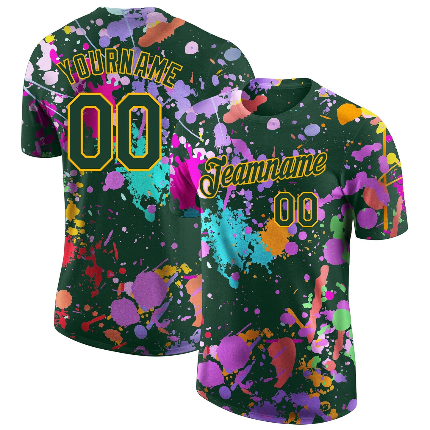 Custom Graffiti Pattern Green-Gold Vibrant Multicolor Paint Splatter Performance T-Shirt